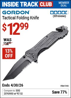 Harbor Freight ITC Coupon GORDON TACTICAL FOLDING KNIFE Lot No. 57455 Expired: 4/30/26 - $12.99
