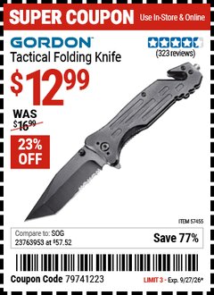 Harbor Freight Coupon GORDON TACTICAL FOLDING KNIFE Lot No. 57455 Valid Thru: 9/27/26 - $12.99