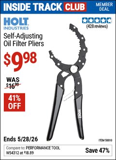 Harbor Freight Coupon HOLT INDUSTRIES SELF-ADJUSTING OIL FILTER PLIERS Lot No. 58010 Valid: 12/31/69 - 5/28/26 - $9.98