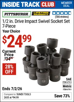 Harbor Freight ITC Coupon PITTSBURGH 1/2 IN. DRIVE IMPACT SWIVEL SOCKET SET, 7-PIECE Lot No. 67911/67913 Dates Valid: 12/31/69 - 7/2/26 - $24.99