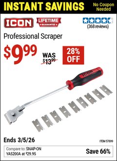 Harbor Freight Coupon ICON PROFESSIONAL SCRAPER Lot No. 57099 Expired: 3/5/26 - $9.99