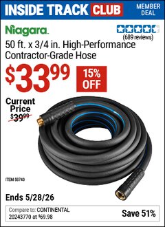 Harbor Freight Coupon NIAGARA 50 FT. X 3/4 IN. HIGH-PERFORMANCE CONTRACTOR-GRADE HOSE Lot No. 58740 Valid: 12/31/69 - 5/28/26 - $33.99