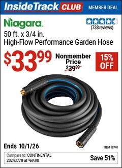 Harbor Freight Coupon NIAGARA 50 FT. X 3/4 IN. HIGH-PERFORMANCE CONTRACTOR-GRADE HOSE Lot No. 58740 Valid: 12/31/69 - 10/1/26 - $33.99