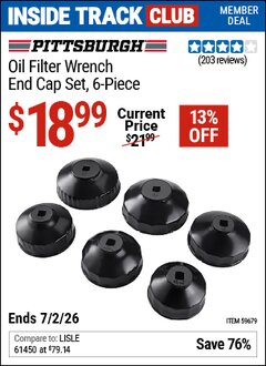 Harbor Freight ITC Coupon PITTSBURGH OIL FILTER WRENCH END CAP SET, 6-PIECE Lot No. 59679 Dates Valid: 12/31/69 - 7/2/26 - $18.99