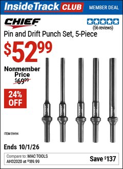 Harbor Freight Coupon CHIEF PIN AND DRIFT PUNCH SET, 5-PIECE Lot No. 59494 Valid: 12/31/69 - 10/1/26 - $52.99