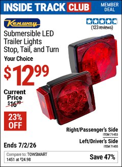 Harbor Freight ITC Coupon KENWAY SUBMERSIBLE LED RIGHT/PASSENGER'S SIDE TRAILER LIGHT Lot No. 71453 Dates Valid: 12/31/69 - 7/2/26 - $12.99