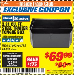 Harbor Freight ITC Coupon HAUL-MASTER 2.31 CU. FT. STEEL TRAILER TONGUE BOX Lot No. 61602/66244 Expired: 2/29/20 - $69.99