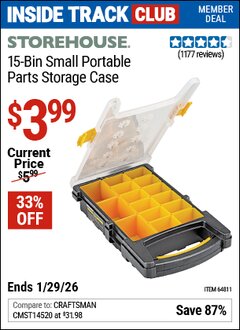 Harbor Freight ITC Coupon STOREHOUSE 15-BIN SMALL PORTABLE PARTS STORAGE CASE Lot No. 64811 Dates Valid: 12/31/69 - 1/29/26 - $3.99