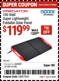 Harbor Freight Coupon PREDATOR 100 WATT SUPER LIGHTWEIGHT FOLDABLE SOLAR PANEL Lot No. 70474 Expired: 2/16/26 - $119.99