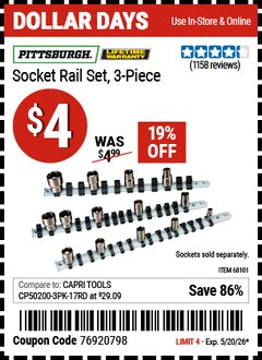 Harbor Freight Coupon PITTSBURGH SOCKET RAIL SET, 3-PIECE Lot No. 68101 Valid Thru: 5/20/26 - $4