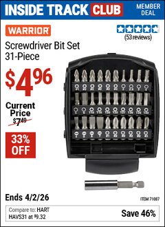 Harbor Freight ITC Coupon WARRIOR SCREWDRIVER BIT SET, 31-PIECE Lot No. 71087 Dates Valid: 12/31/69 - 4/2/26 - $4.96