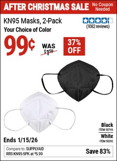 Harbor Freight Coupon KN95 MASKS, 2-PACK Lot No. 58392/58746 Expired: 1/15/26 - $0.99