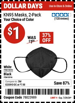 Harbor Freight Coupon KN95 MASKS, 2-PACK Lot No. 58392/58746 Expired: 7/29/26 - $1