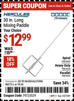 Harbor Freight Coupon HERCULES 30 IN. LONG MIXING PADDLE Lot No. 58333/58335/58336 Valid Thru: 9/27/26 - $12.99