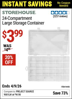 Harbor Freight Coupon STOREHOUSE 24-COMPARTMENT LARGE STORAGE CONTAINER Lot No. 94458 EXPIRES: 4/9/26 - $3.99