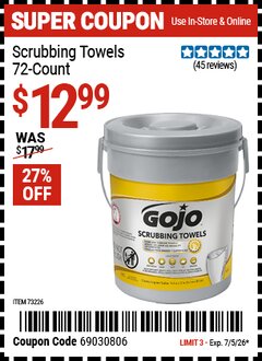 Harbor Freight Coupon GOJO SCRUBBING TOWELS, 72-COUNT Lot No. 73226 Valid Thru: 7/5/26 - $12.99