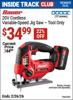 Harbor Freight ITC Coupon BAUER 20V CORDLESS VARIABLE-SPEED JIG SAW &ndash; TOOL ONLY Lot No. 59687 Expired: 2/26/26 - $34.99