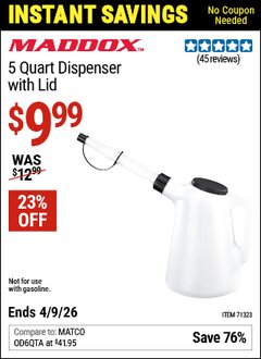 Harbor Freight Coupon MADDOX 5 QUART DISPENSER WITH LID Lot No. 71323 EXPIRES: 4/9/26 - $9.99