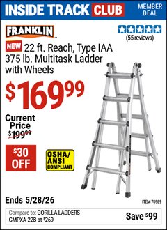 Harbor Freight Coupon FRANKLIN 22 FT. REACH, TYPE IAA, 375 LB. MULTITASK LADDER WITH WHEELS Lot No. 70989 Valid: 12/31/69 - 5/28/26 - $169.99