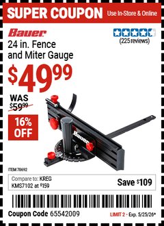 Harbor Freight Coupon BAUER 24 IN. FENCE AND MITER GAUGE Lot No. 70692 Valid Thru: 5/25/26 - $49.99