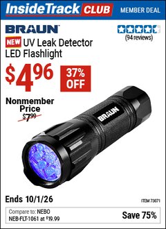 Harbor Freight Coupon BRAUN UV LEAK DETECTOR LED FLASHLIGHT Lot No. 73071 Valid: 12/31/69 - 10/1/26 - $4.96