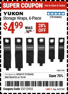 Harbor Freight Coupon YUKON STORAGE WRAPS, 6-PIECE Lot No. 71997 Valid Thru: 9/27/26 - $4.99