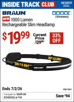 Harbor Freight ITC Coupon BRAUN 1000 LUMEN RECHARGEABLE SLIM HEADLAMP Lot No. 70815 Dates Valid: 12/31/69 - 7/2/26 - $19.99