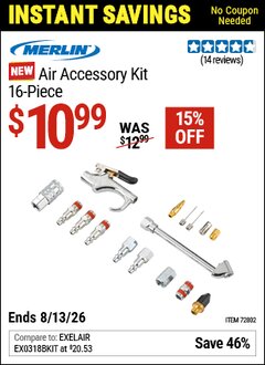Harbor Freight Coupon MERLIN AIR ACCESSORY KIT, 16-PIECE Lot No. 72802 Expired: 8/13/26 - $10.99