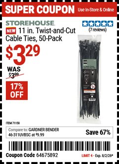 Harbor Freight Coupon STOREHOUSE 11 IN. TWIST-AND-CUT CABLE TIES, 50-PACK Lot No. 71158 Expired: 8/2/26 - $3.29