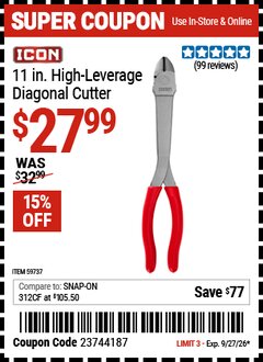 Harbor Freight Coupon ICON 11 IN. HIGH-LEVERAGE DIAGONAL CUTTER Lot No. 59737 Valid Thru: 9/27/26 - $27.99