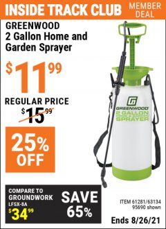 Harbor Freight ITC Coupon GREENWOOD 2 GALLON HOME AND GARDEN SPRAYER Lot No. 95690/63134 Expired: 8/26/21 - $11.99