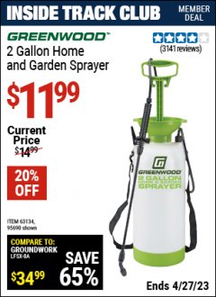 Harbor Freight ITC Coupon GREENWOOD 2 GALLON HOME AND GARDEN SPRAYER Lot No. 95690/63134 Expired: 4/27/23 - $11.99