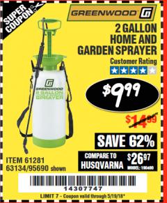 Harbor Freight Coupon GREENWOOD 2 GALLON HOME AND GARDEN SPRAYER Lot No. 95690/63134 Expired: 5/19/18 - $9.99