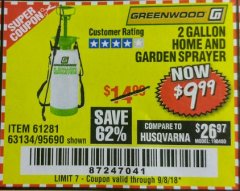 Harbor Freight Coupon GREENWOOD 2 GALLON HOME AND GARDEN SPRAYER Lot No. 95690/63134 Expired: 9/8/18 - $9.99