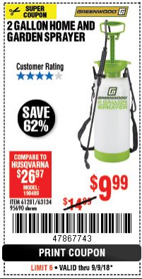 Harbor Freight Coupon GREENWOOD 2 GALLON HOME AND GARDEN SPRAYER Lot No. 95690/63134 Expired: 9/9/18 - $9.99