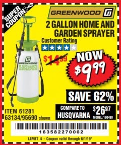 Harbor Freight Coupon GREENWOOD 2 GALLON HOME AND GARDEN SPRAYER Lot No. 95690/63134 Expired: 6/1/19 - $9.99
