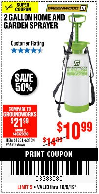Harbor Freight Coupon GREENWOOD 2 GALLON HOME AND GARDEN SPRAYER Lot No. 95690/63134 Expired: 10/6/19 - $10.99