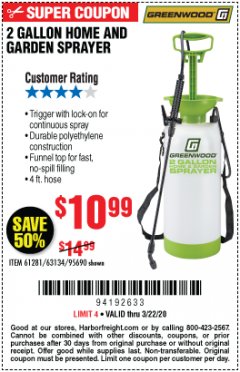 Harbor Freight Coupon GREENWOOD 2 GALLON HOME AND GARDEN SPRAYER Lot No. 95690/63134 Expired: 3/22/20 - $10.99