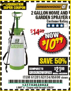 Harbor Freight Coupon GREENWOOD 2 GALLON HOME AND GARDEN SPRAYER Lot No. 95690/63134 Expired: 6/30/20 - $10.99