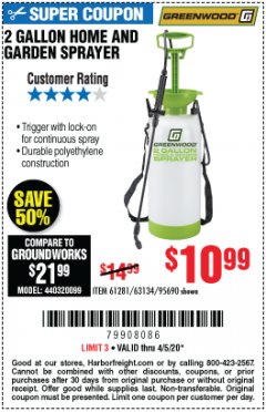 Harbor Freight Coupon GREENWOOD 2 GALLON HOME AND GARDEN SPRAYER Lot No. 95690/63134 Expired: 6/30/20 - $10.99