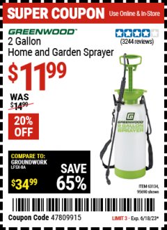 Harbor Freight Coupon GREENWOOD 2 GALLON HOME AND GARDEN SPRAYER Lot No. 95690/63134 Expired: 6/18/23 - $11.99