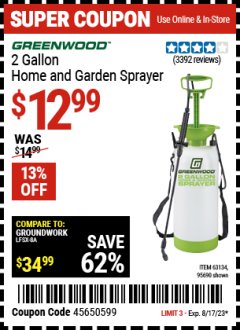 Harbor Freight Coupon GREENWOOD 2 GALLON HOME AND GARDEN SPRAYER Lot No. 95690/63134 Expired: 8/17/23 - $12.99