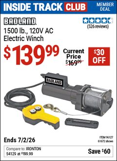 Harbor Freight ITC Coupon BADLAND 1500 LB., 120V AC ELECTRIC WINCH Lot No. 61672/96127 Dates Valid: 12/31/69 - 7/2/26 - $139.99