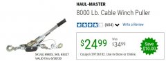 Harbor Freight Coupon HAUL-MASTER 4000 LB., 2 TON CAPACITY, 10 FT. CABLE WINCH PULLER Lot No. 69855 Expired: 6/30/20 - $24.99