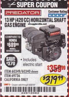 Harbor Freight Coupon PREDATOR 13 HP (420CC) OHV HORIZONTAL-SHAFT GAS ENGINE Lot No. 60340/60349/72885 Expired: 6/30/18 - $319.99