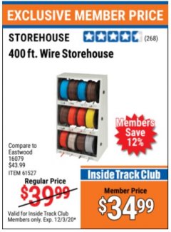 Harbor Freight ITC Coupon STOREHOUSE 400 FT. WIRE SPOOL RACK Lot No. 61527 Expired: 12/3/20 - $34.99