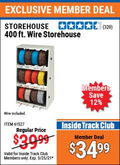 Harbor Freight ITC Coupon STOREHOUSE 400 FT. WIRE SPOOL RACK Lot No. 61527 Expired: 3/25/21 - $34.99