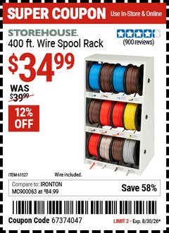 Harbor Freight Coupon STOREHOUSE 400 FT. WIRE SPOOL RACK Lot No. 61527 Expired: 8/30/26 - $34.99