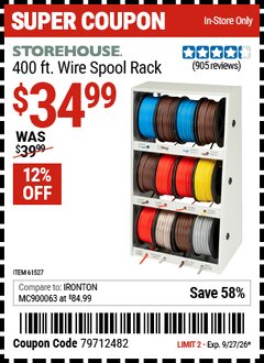 Harbor Freight Coupon STOREHOUSE 400 FT. WIRE SPOOL RACK Lot No. 61527 Valid Thru: 9/27/26 - $34.99
