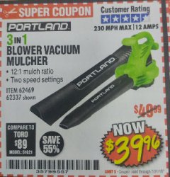 Harbor Freight Coupon PORTLAND 12 AMP, 3-IN-1 ELECTRIC BLOWER VACUUM MULCHER Lot No. 62337/62469 Expired: 7/31/18 - $39.96